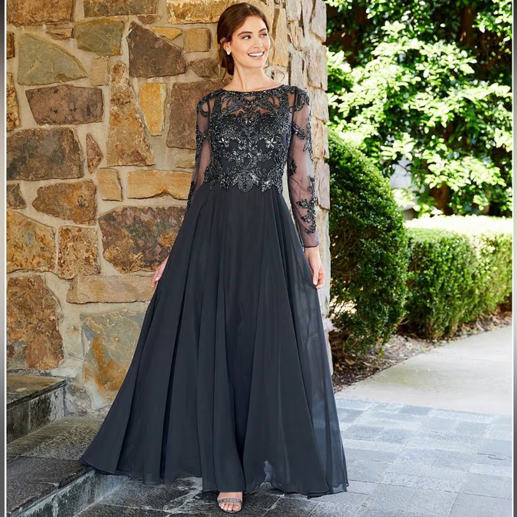 Xscape Women's Sequin Embellished Long Sleeve Chiffon Gown
